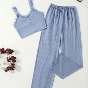 Light Blue Lace-Trim Ribbed Pajama Set - Women